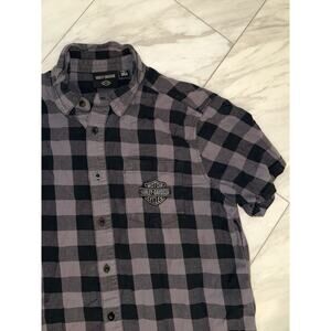 Vintage Harley Davidson Shirt Men Size XL Gray Plaid Short Sleeve Button Flannel